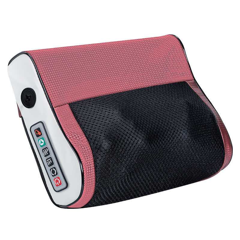 Heated neck and back massager pillow with red mesh top and black base panel