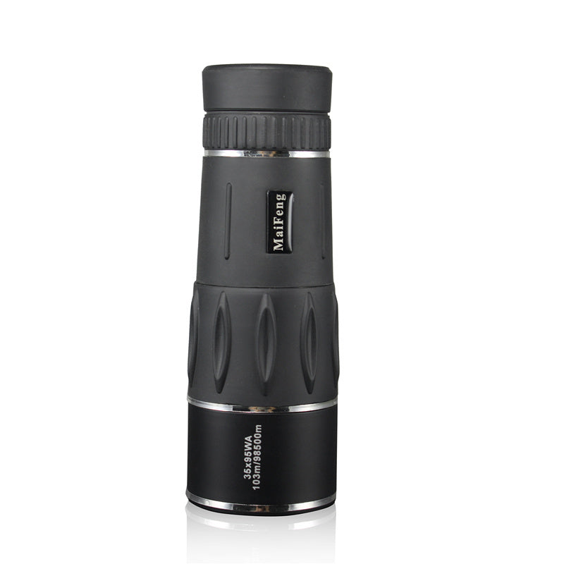 Black monocular telescope with brand name on a white background