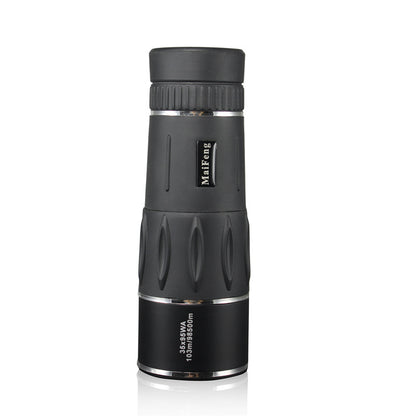 Black monocular telescope with brand name on a white background