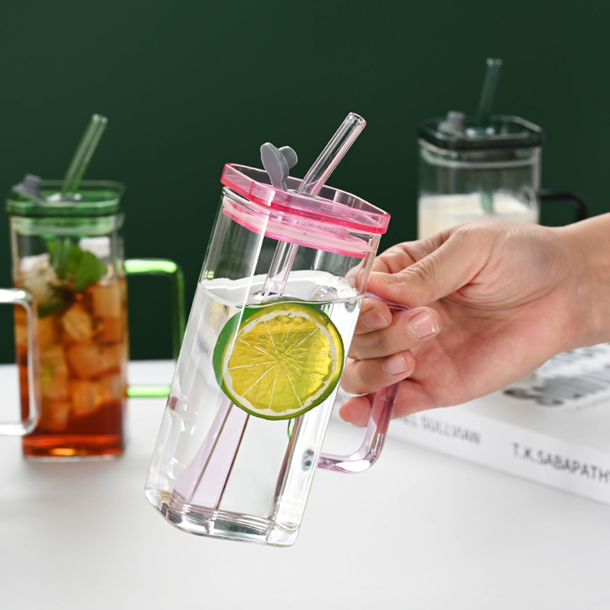 6-Piece Square Glass Cup Set with Straws & Lids | 6 Vibrant Colors