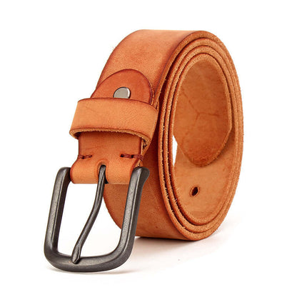 Men's leather pin buckle belt in smooth tan leather with a classic pin buckle for adjustable fit.