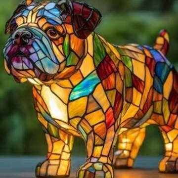 Colorful dog lamp with standing mosaic bulldog, multicolor stained-glass details