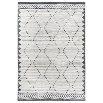 Cream and anthracite trellis area rug with diamond pattern and border fringe