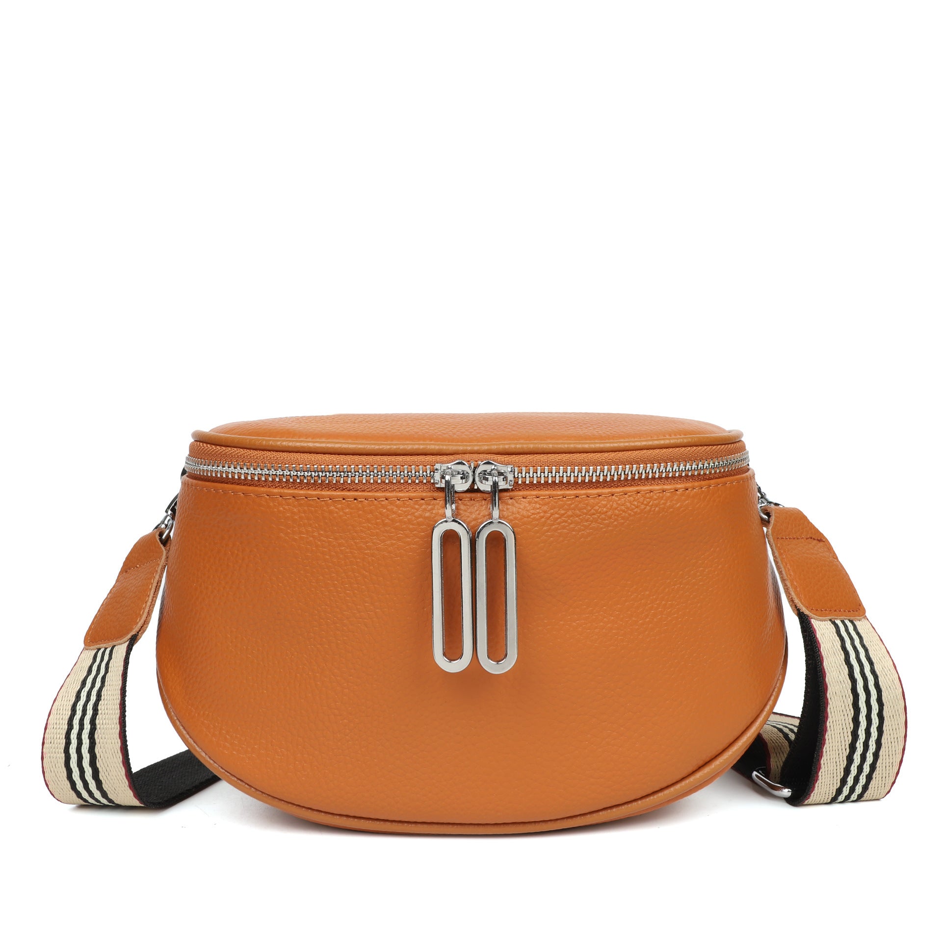 Cowhide casual shoulder bag in orange with double-zip pulls and striped webbing strap.