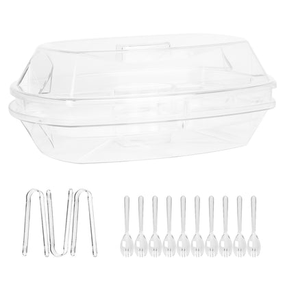 Clear lid, ice tray, and assorted transparent tongs and sporks serving set
