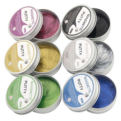 Set of magnetic clay putty tins in blue, green, gold, purple, silver and black