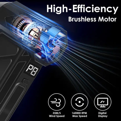 Handheld electric duster/vacuum, black with digital display and high-speed airflow vents