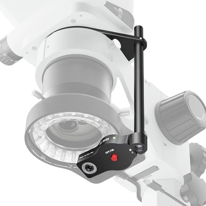 Camera lens with a black adjustable arm on a white background