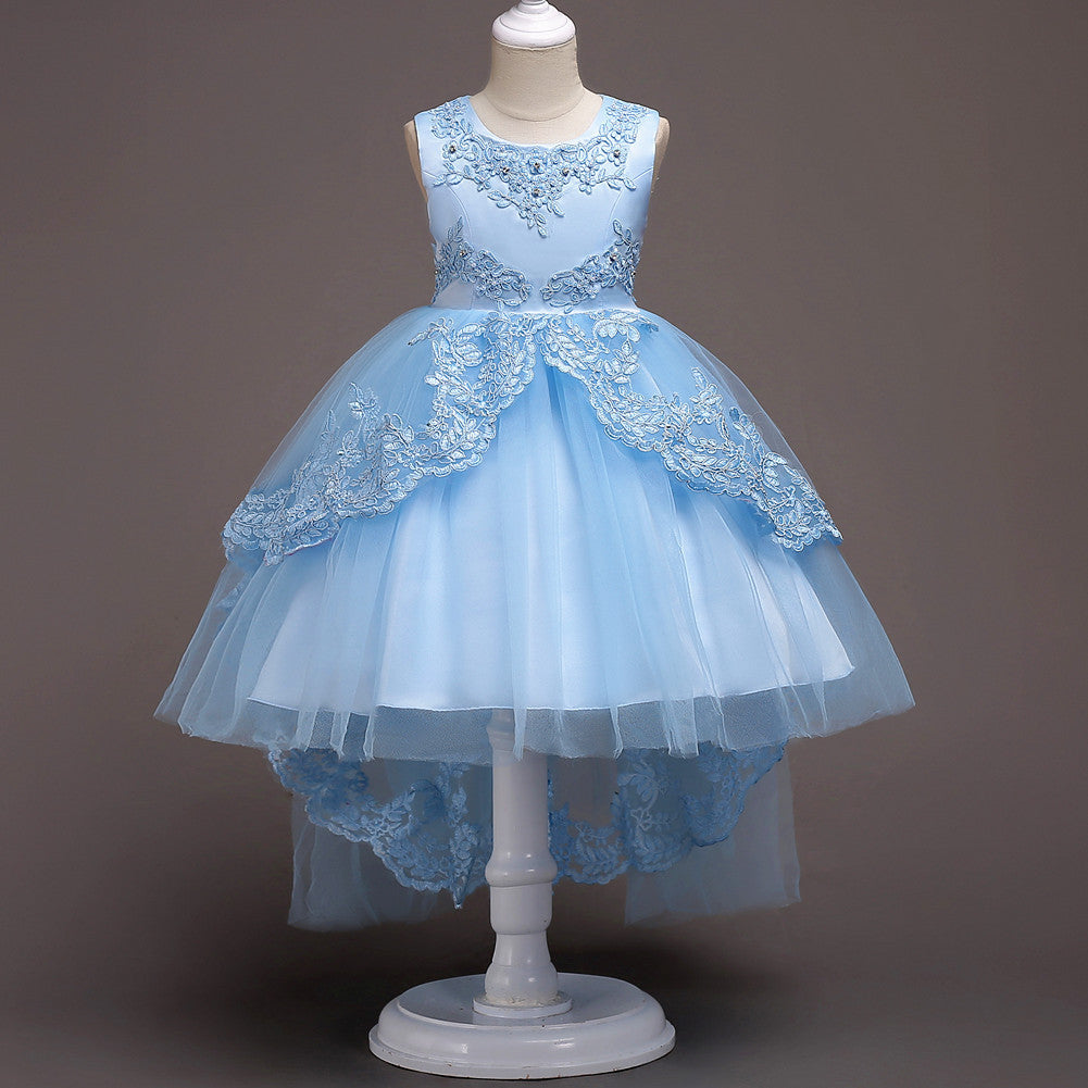 Light blue princess dress with scalloped lace straps and full layered tulle skirt