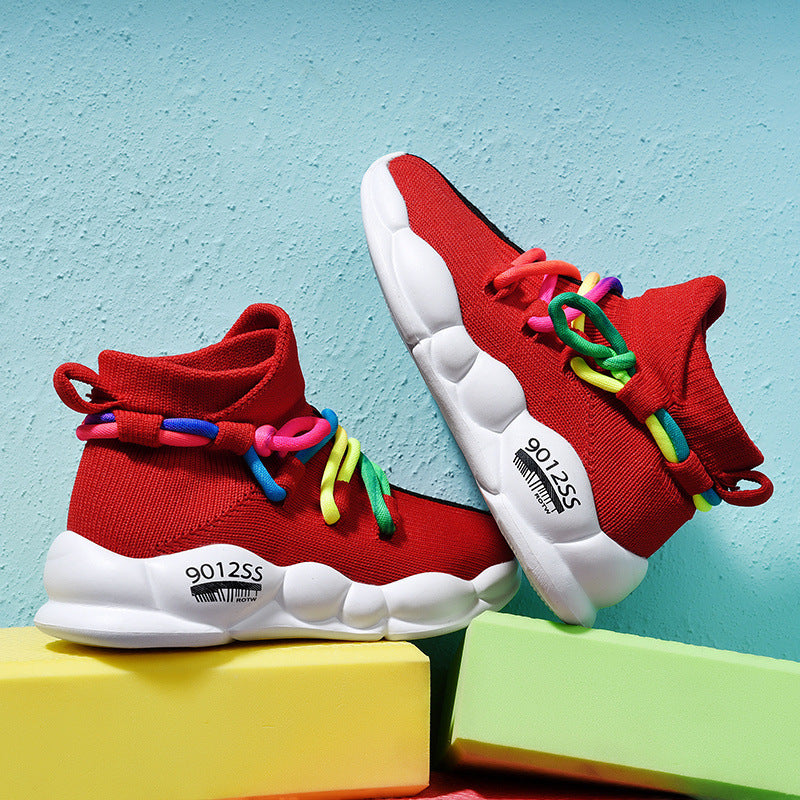 Kids knitted high-top sports shoe, red knit upper with multicolor lace ties and white sole