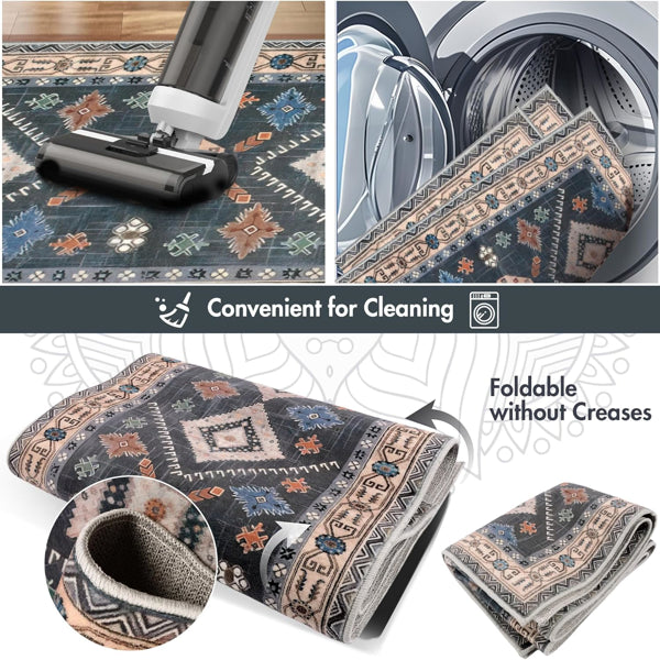 Foldable boho kitchen rug roll with dark blue medallion print and bordered edge