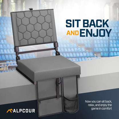 Grey folding reclining stadium seat with padded backrest and side mesh cup holder.