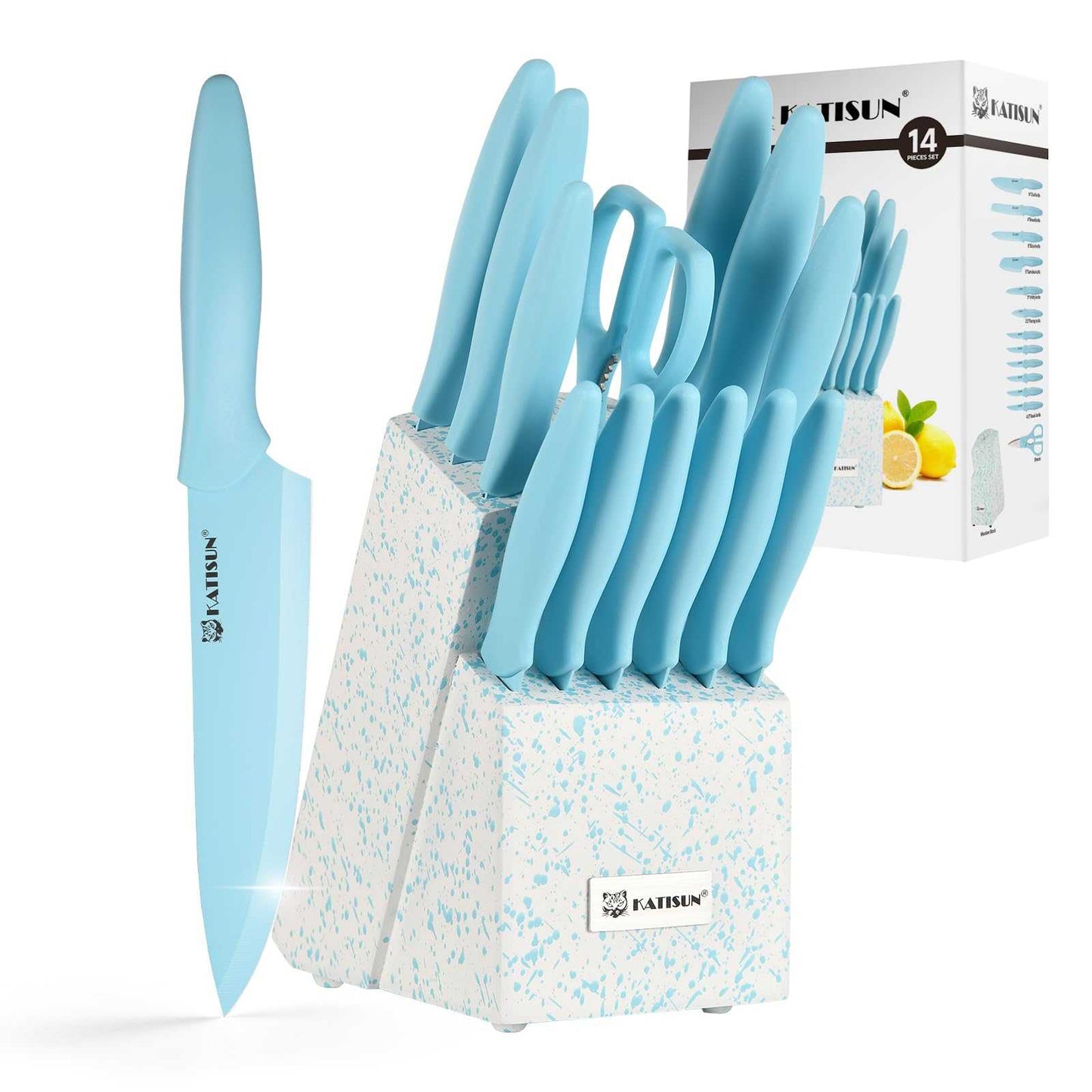 Blue 14-piece non-stick kitchen knife set with speckled knife block and box