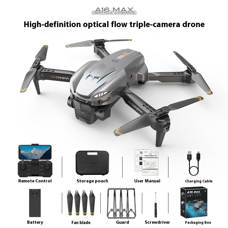Silver triple-camera drone with four propellers and included remote and charging cable