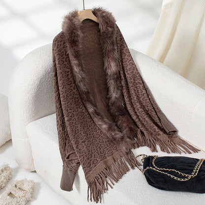 Women's Leopard Poncho with Faux Fur Collar | Fringe Hem Cardigan Women's Leopard Poncho With Faux Fur Col | Ectron Online