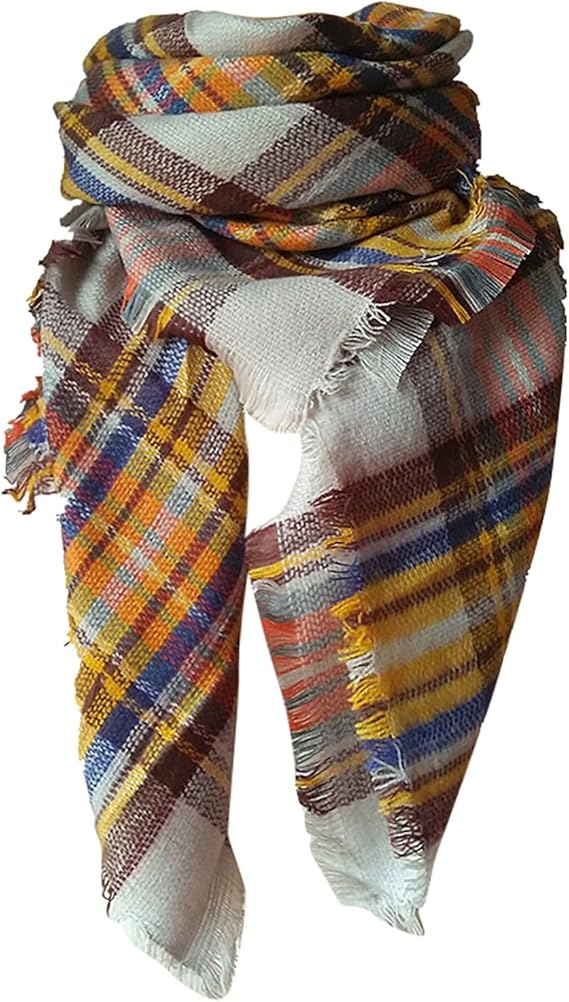 Folded plaid scarf with frayed edges, yellow, blue, rust, and white