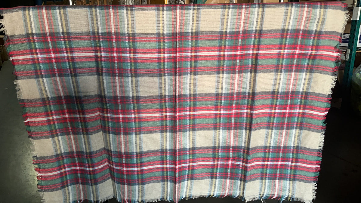 Plaid scarf fabric panel with red stripe lines and beige center, fringed edge