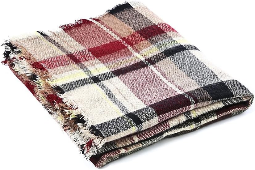 Multicolor plaid scarf with fringed trim, folded detail view.