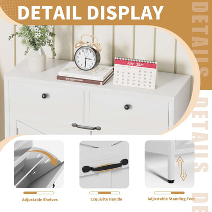 White shoe cabinet detail: pull handle, adjustable shelves, and leveling feet
