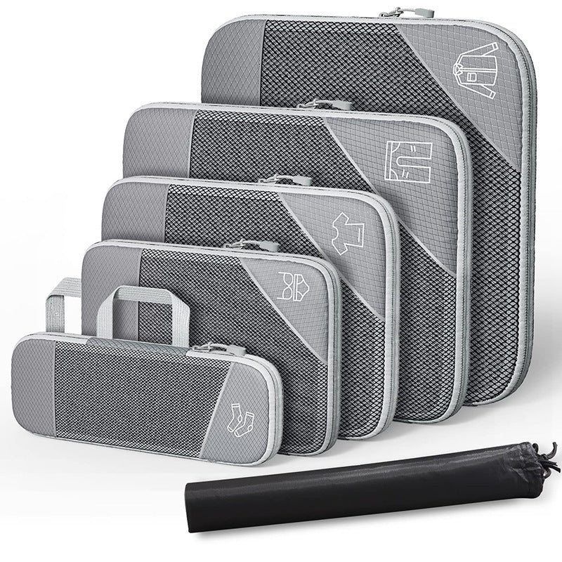 Luggage organizer set with compression bags and shoe bag, gray with black compression roll