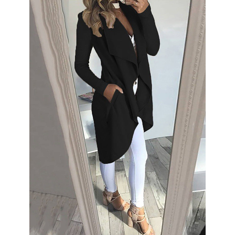 Plus Size Long Trench Coat - Polo Collar & Slim Fit Women's Plus Size Solid Color Polo Colla | Ectron Online