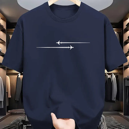 Men's sports t-shirt, navy blue, crew neck with horizontal airplane graphic