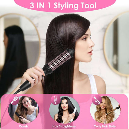 Black hot air styling brush used to style hair, with rose-gold bristle barrel