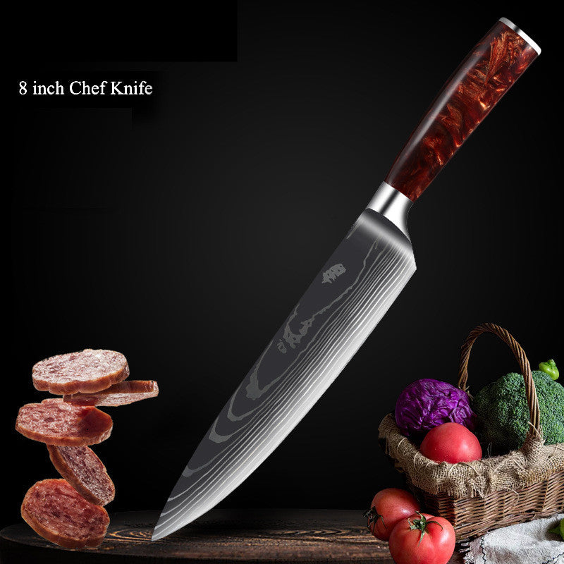 Red Resin Handle Damascus Laser Pattern Set Kitchen Knife