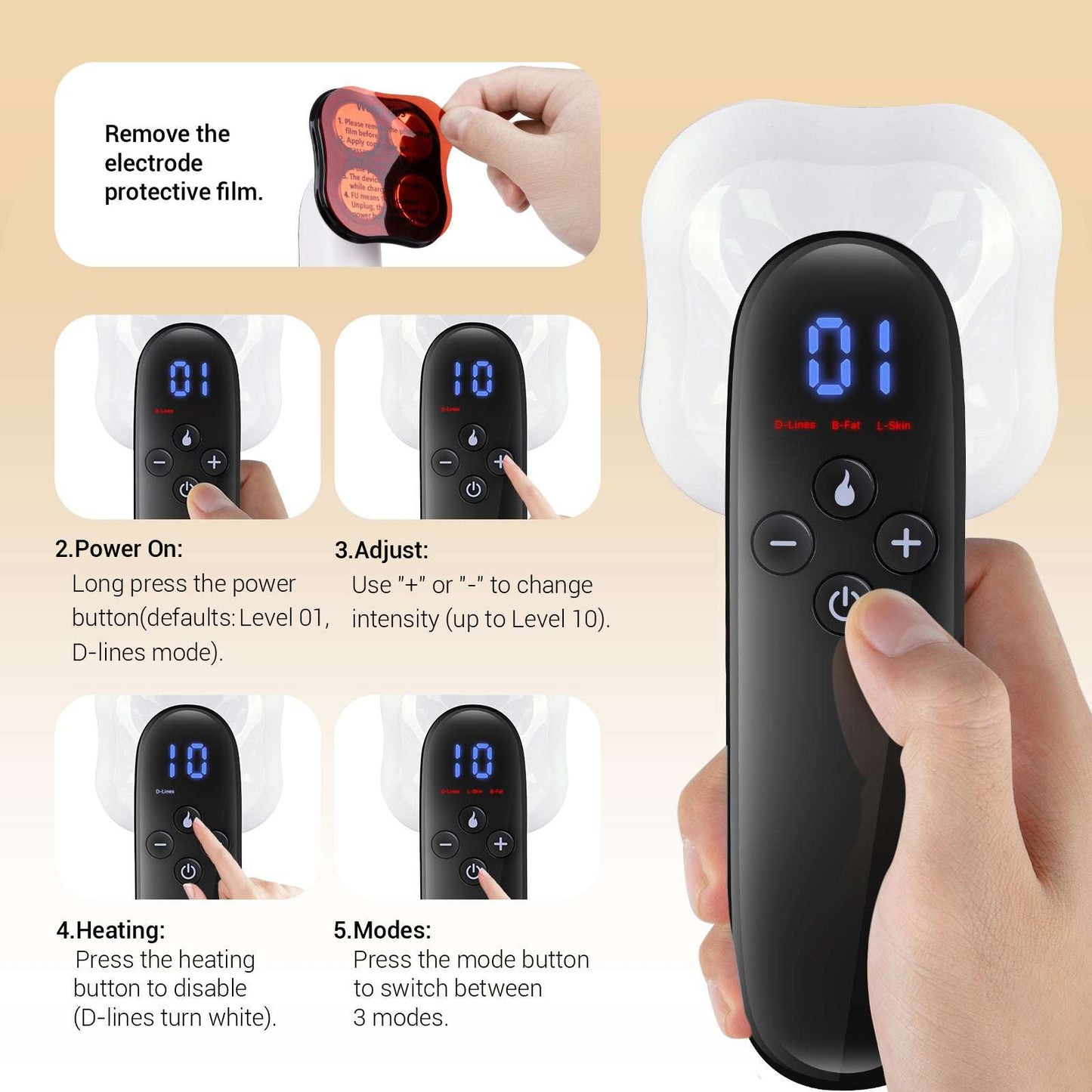 Handheld massager being powered with blue “01” display on control screen