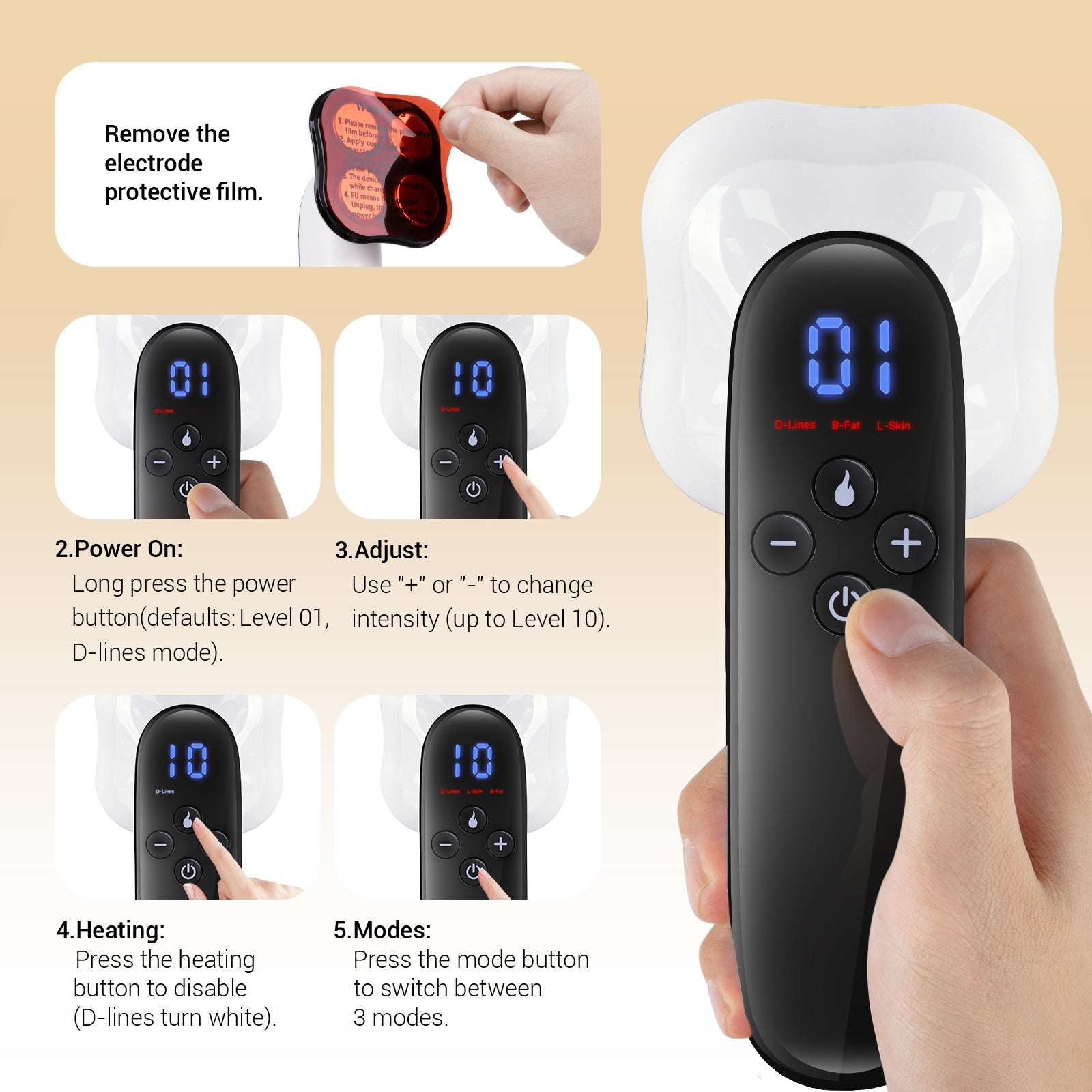 Handheld massager being powered with blue “01” display on control screen