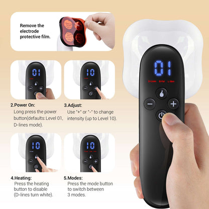Handheld massager being powered with blue “01” display on control screen