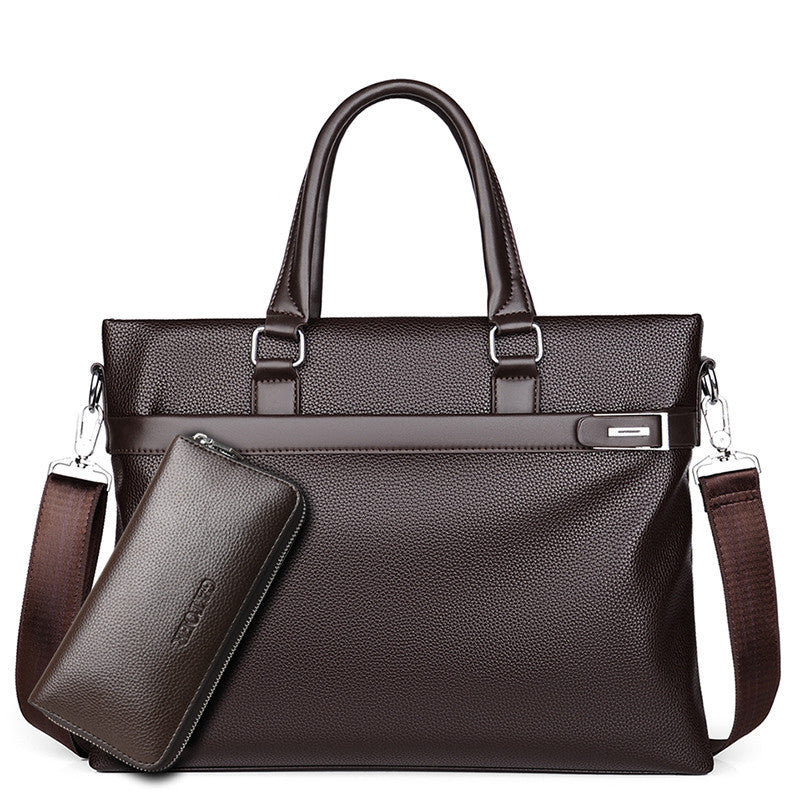 Men's soft leather briefcase, large brown with front zip pocket and attached wallet sleeve