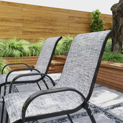Outdoor dining chairs with mixed gray textured mesh seat, curved black armrests