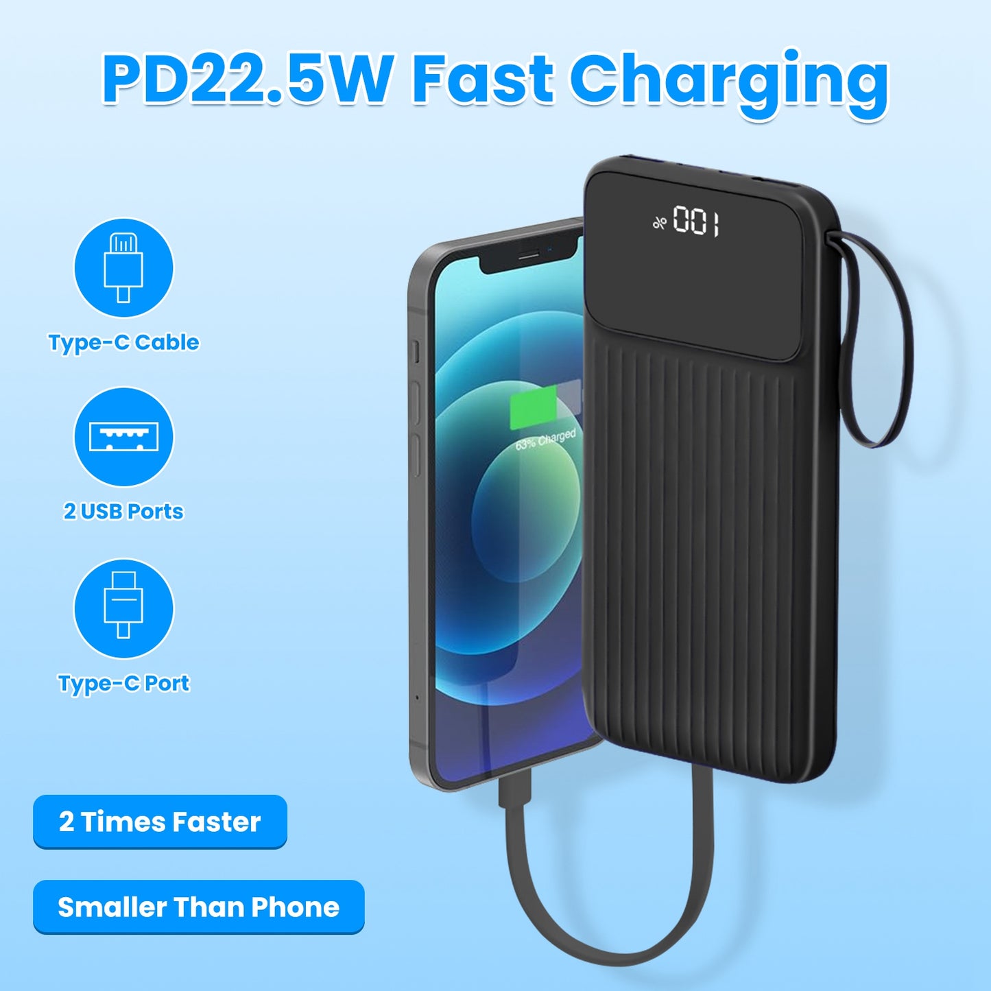 20000mAh PD22W Fast Charging Power Bank | Built-in Cables & LED Display