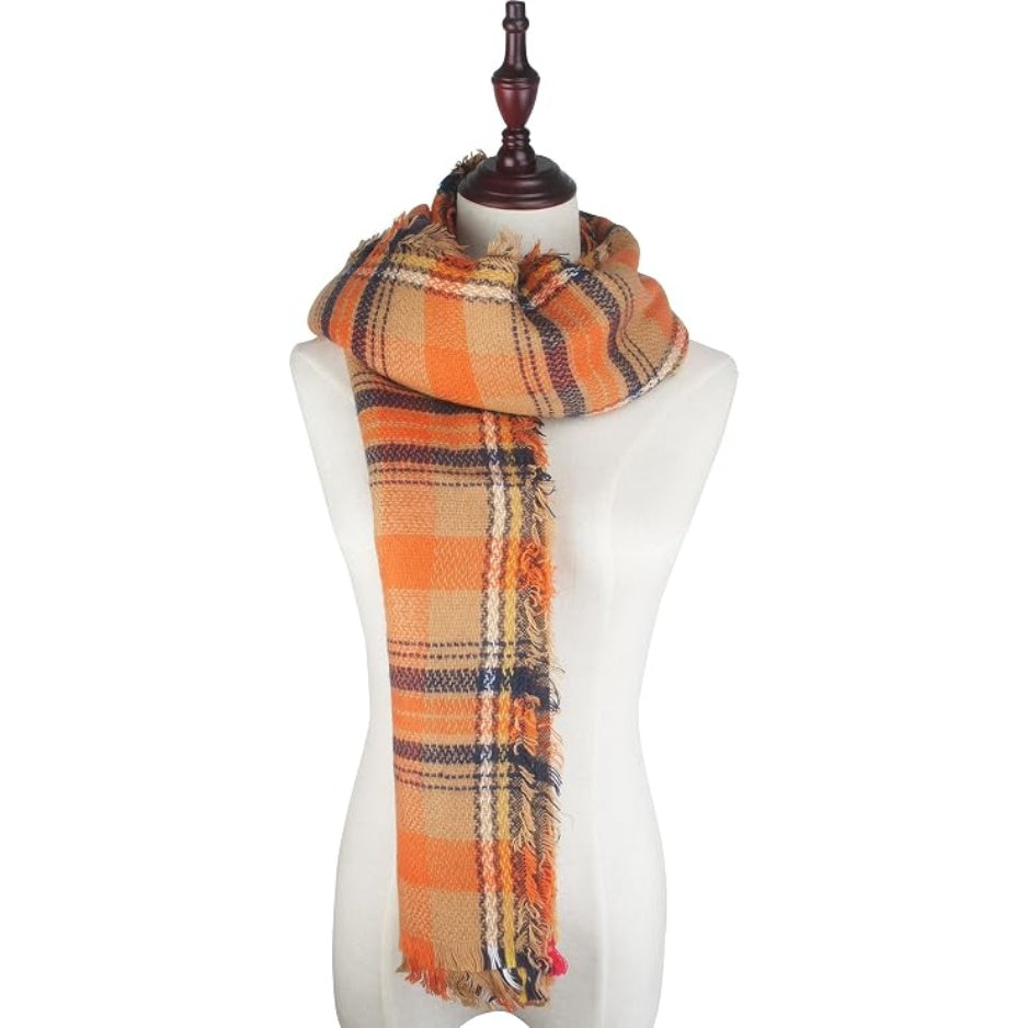 Plaid long scarf in orange check with navy and red stripes, tassel fringe ends