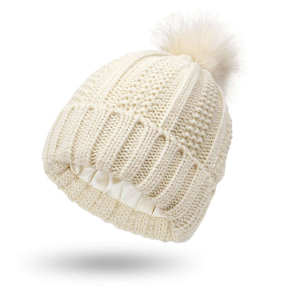Winter Knitted Hats Fashion Stretchy Lined Skull Hats For Women Faux Fur Pom Pom Hat Keep Warming Beanie Hat