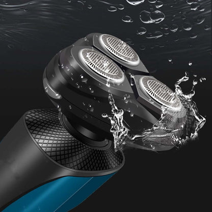 Electric beard and nose trimmer head with perforated foils and textured grip, blue accent
