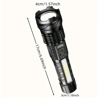Black compact flashlight with lanyard and visible size measurements on body