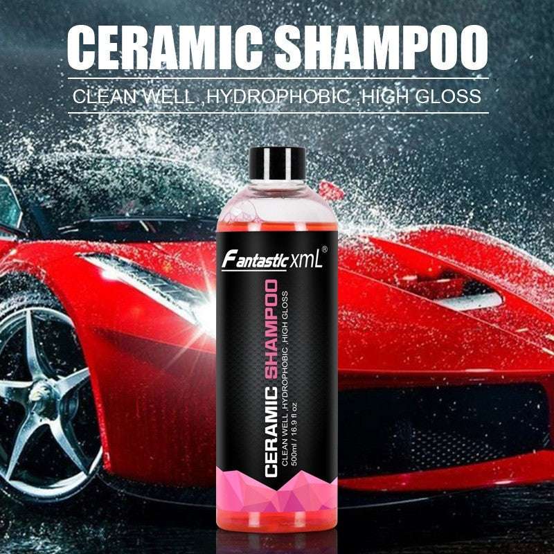 Bottle of Fantastic XML Ceramic Shampoo with a red car in the background