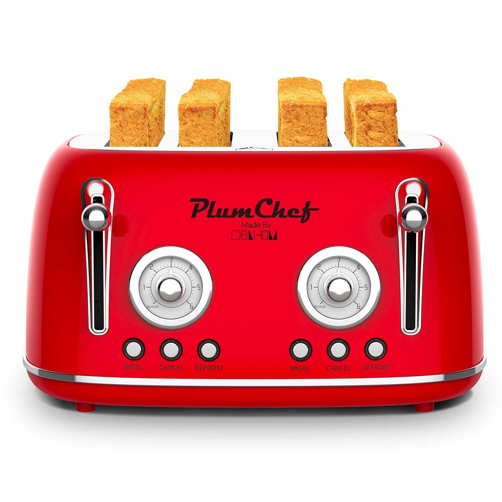 Red retro 4-slice stainless toaster with dual control dials and two lever handles, PlumChef
