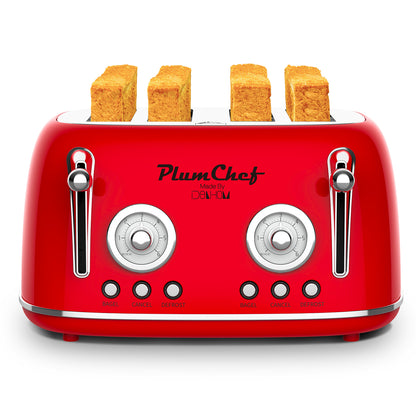 Red 4-slice toaster front with dual control dials and bread cubes in the slots