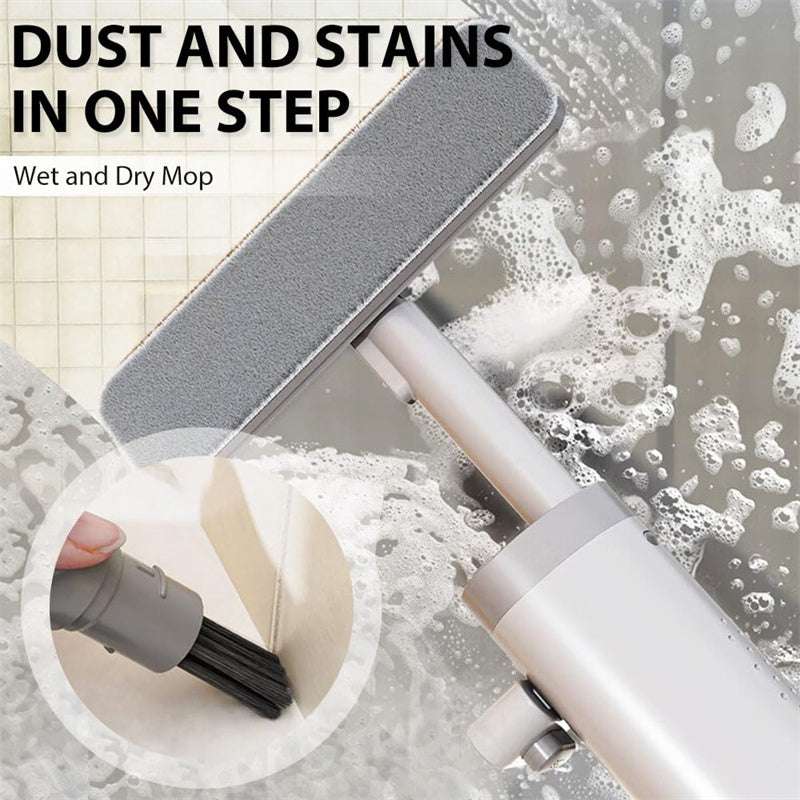 Wet and Dry Mop with cleaning action and text 'Dust and Stains in One Step'.