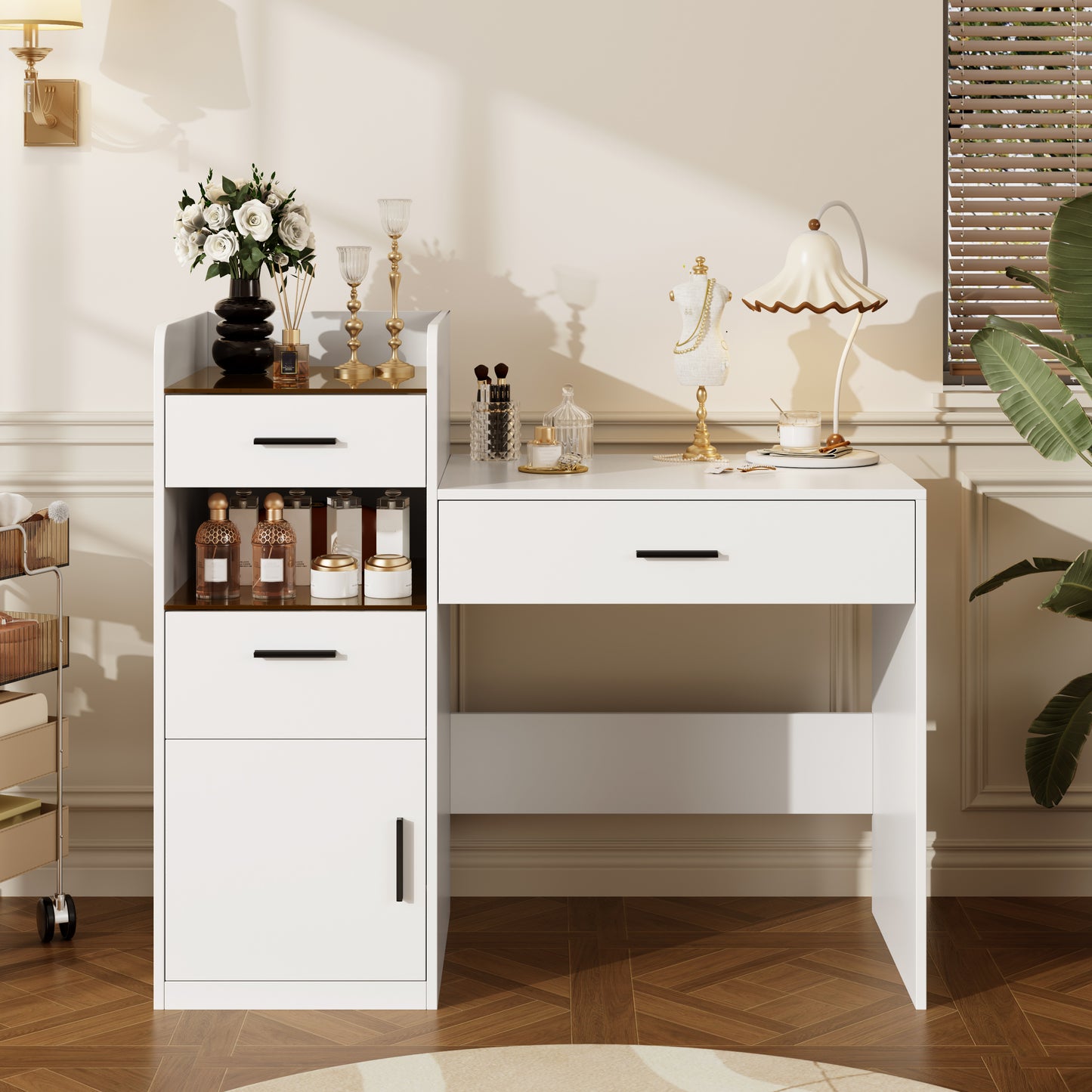 3-in-1 White Vanity Desk with Flip Top Mirror and Glass Tabletop