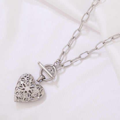 Stainless Steel Open Hollow Pattern Heart-shaped Photo Frame Photo Box Necklace