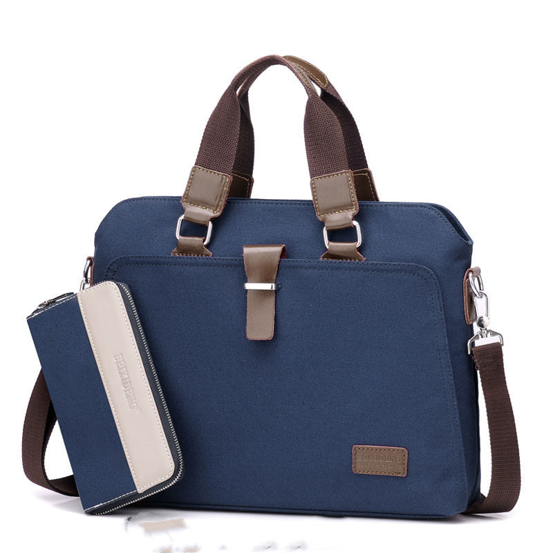 Canvas briefcase in blue with left zip pocket wallet, dual handles, and front clasp panel