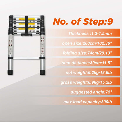 Portable aluminum telescoping ladder shown folded with black traction step area.