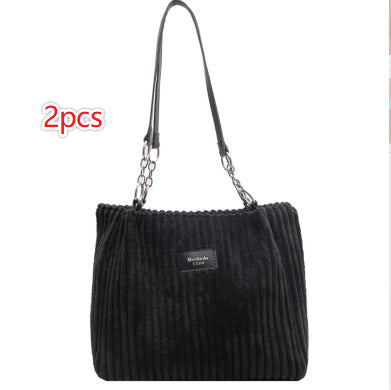 Retro Large Capacity Shoulder Bag Casual Simple Portable Shopper Tote Bag Corduroy Solid Commuter Zipper Women's Handbag