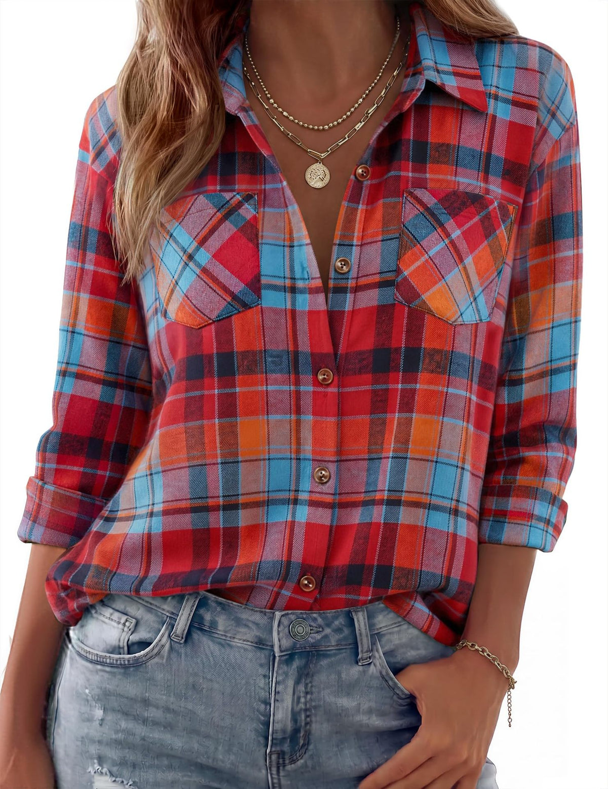 Loose-fit plaid button-up shirt in blue and red checks with chest pockets
