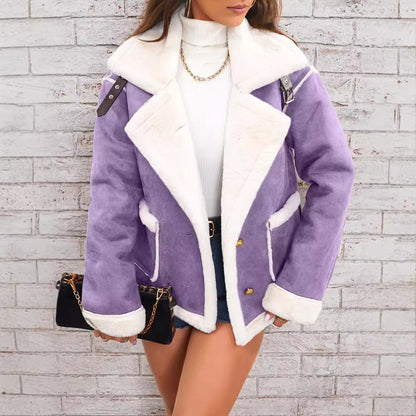 Women's Plush Polo Collar Jacket - Warm Casual Winter Fleece Coat Fashion Polo Collar Plush Jacket Winter | Ectron Online