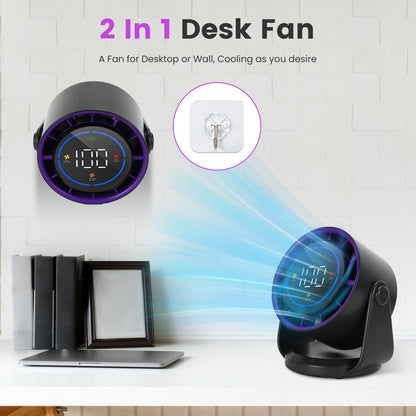 2-in-1 desk and wall fan with purple LED ring, black body and mounting bracket